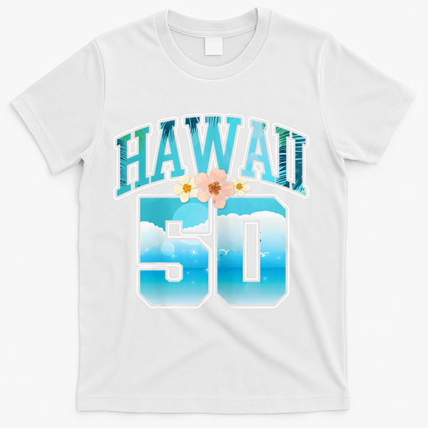 Wo Hawaii 50 50th Birthday Hawaiian Aloha Beach Hibiscus T-Shirt - White