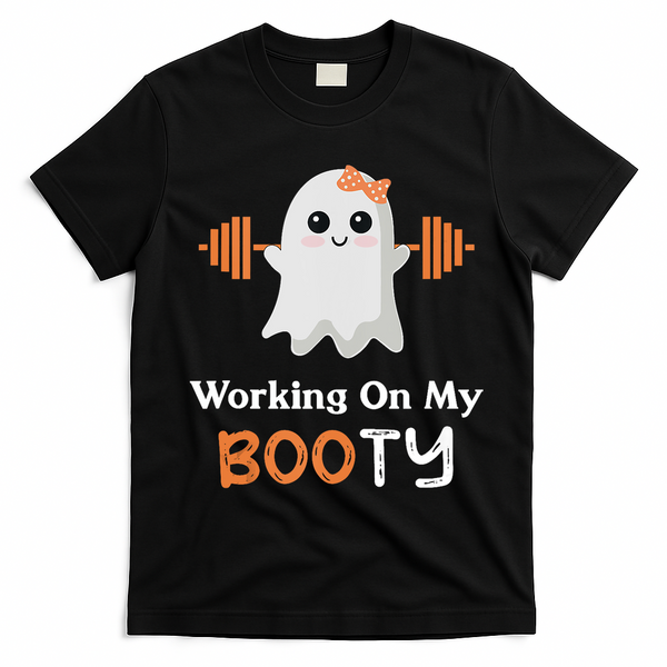 Working On My Booty Funny Halloween Gym Ghost Booty Pun T-Shirt - Black