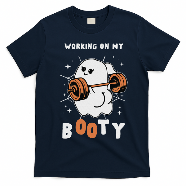 Working On My Booty Halloween Gym Cute Boo Ghost Fitness T-Shirt - Navy Blue