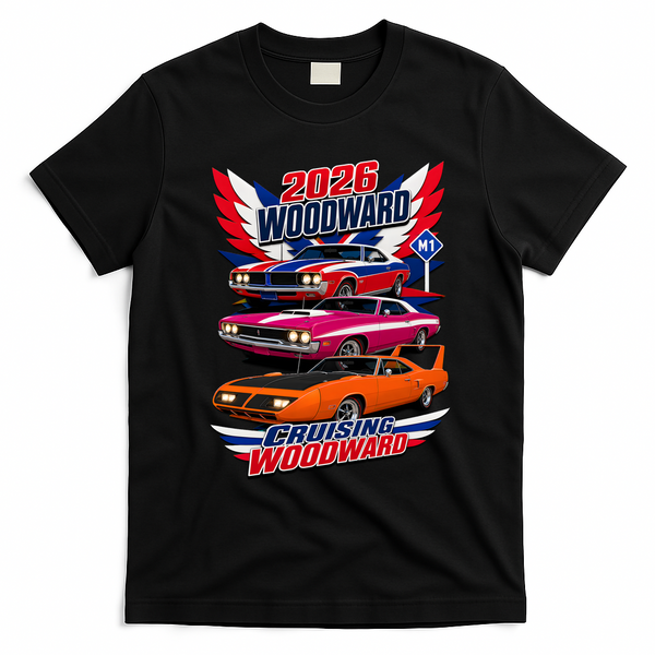 2026 Woodward Cruising Vintage Muscle Cars M1 T-Shirt - Black