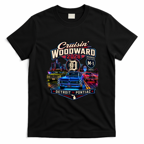 Cruisin' Woodward M1 2026 Detroit To Pontiac Neon T-Shirt - Black