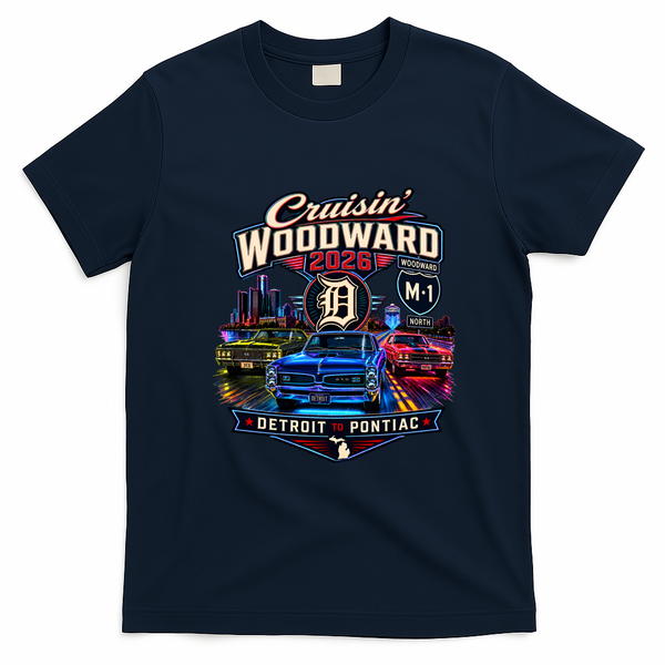Cruisin' Woodward M1 2026 Detroit To Pontiac Neon T-Shirt - Navy Blue