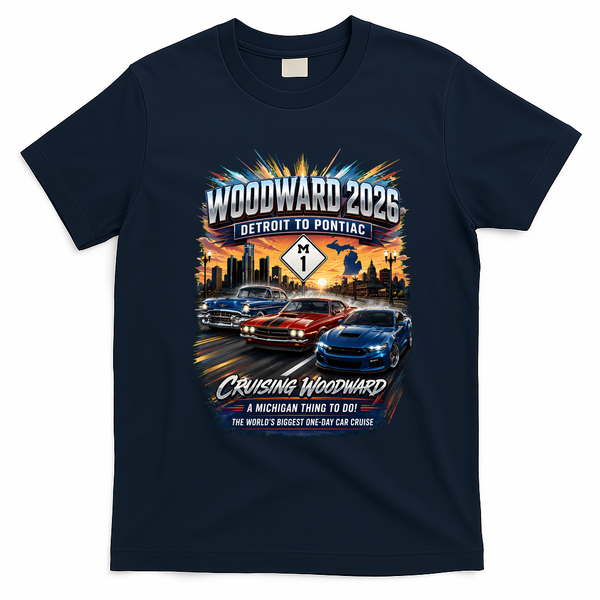 Cruising Woodward 2026 Detroit to Pontiac Car Event T-Shirt - Navy Blue