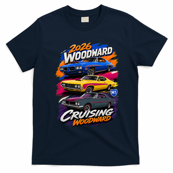 2026 CRUISING WOODWARD THREE MUSCLE LEGENDS T-Shirt - Navy Blue