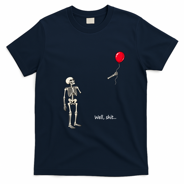 Well Skeleton Holding Balloon Gothic Halloween T-Shirt - Navy Blue