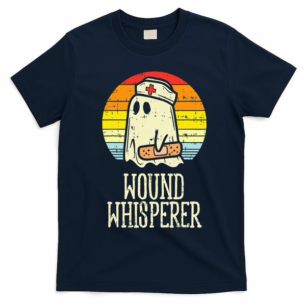 Wound Whisperer Ghost Nurse Boo Halloween Nursing RN T-Shirt - Navy Blue
