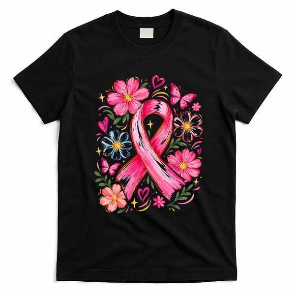 We Wear Pink Ribbon Breast Cancer Awareness Floral Boho Daisy Gift T-Shirt - Black