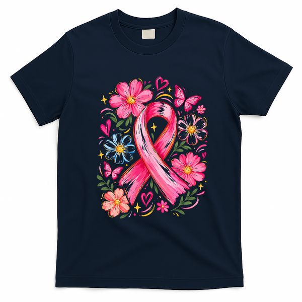 We Wear Pink Ribbon Breast Cancer Awareness Floral Boho Daisy Gift T-Shirt - Navy Blue