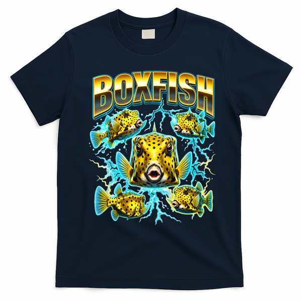 Yellow Boxfish 90s Bootleg Rap Marine Life Fish T-Shirt - Navy Blue