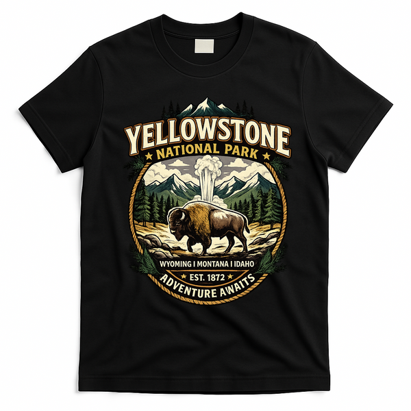Yellowstone National Park Adventure Awaits Bison Badge T-Shirt - Black